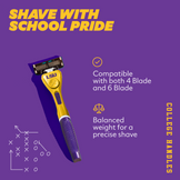 LSU branded razor on a purple background with text about compatibility and features.