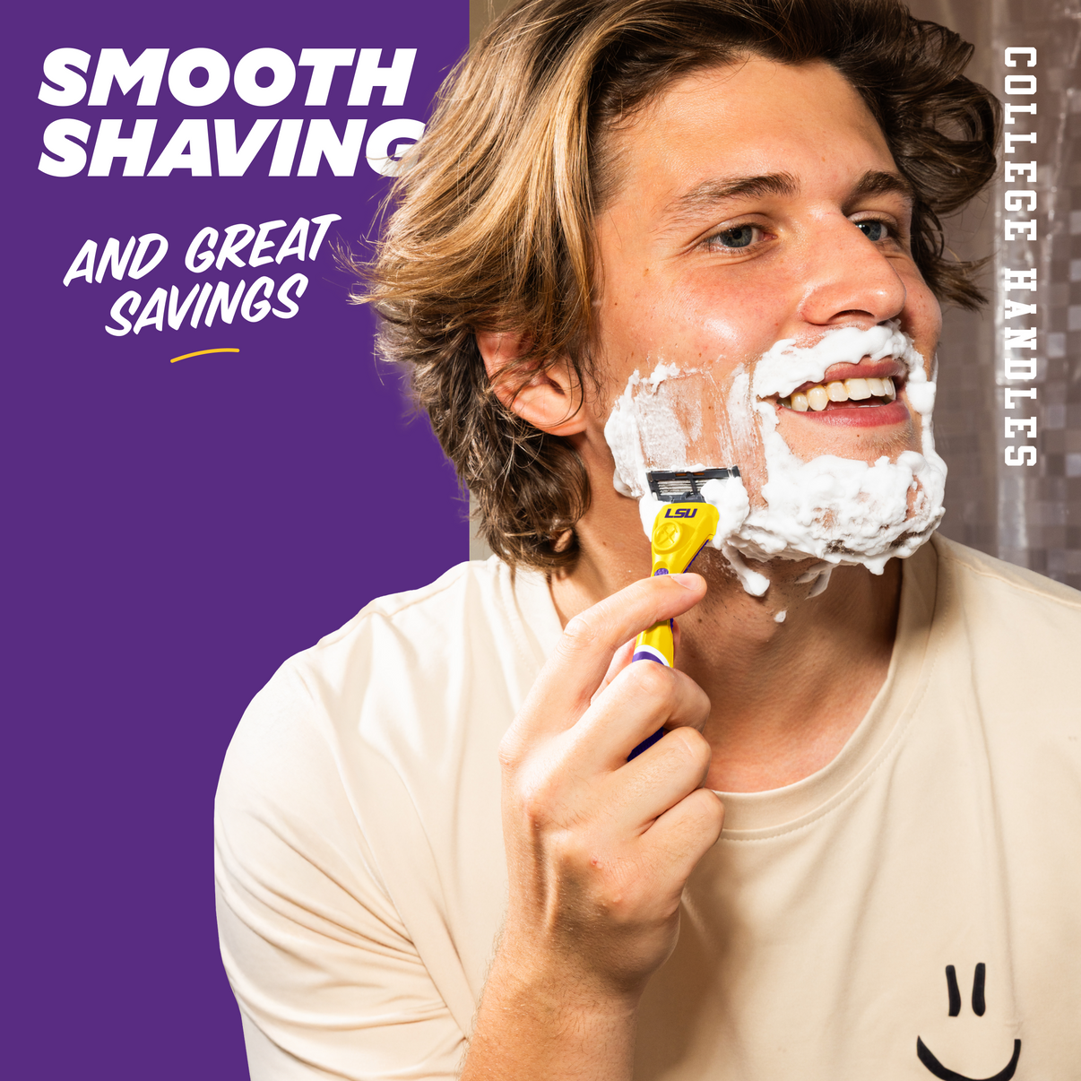Man shaving with a yellow razor against a purple background with text about smooth shaving and savings.