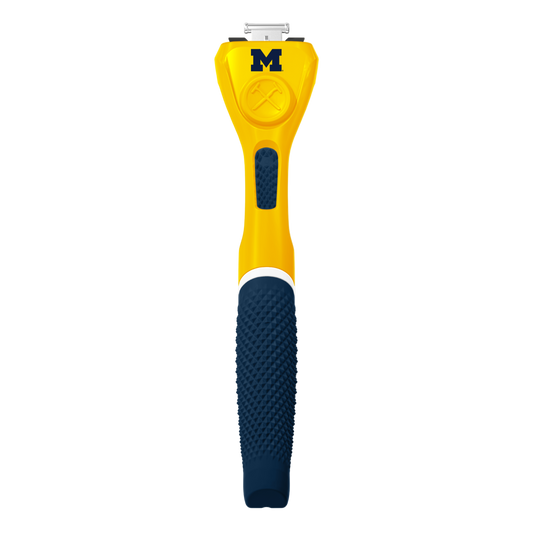 Yellow and blue Michigan branded razor handle