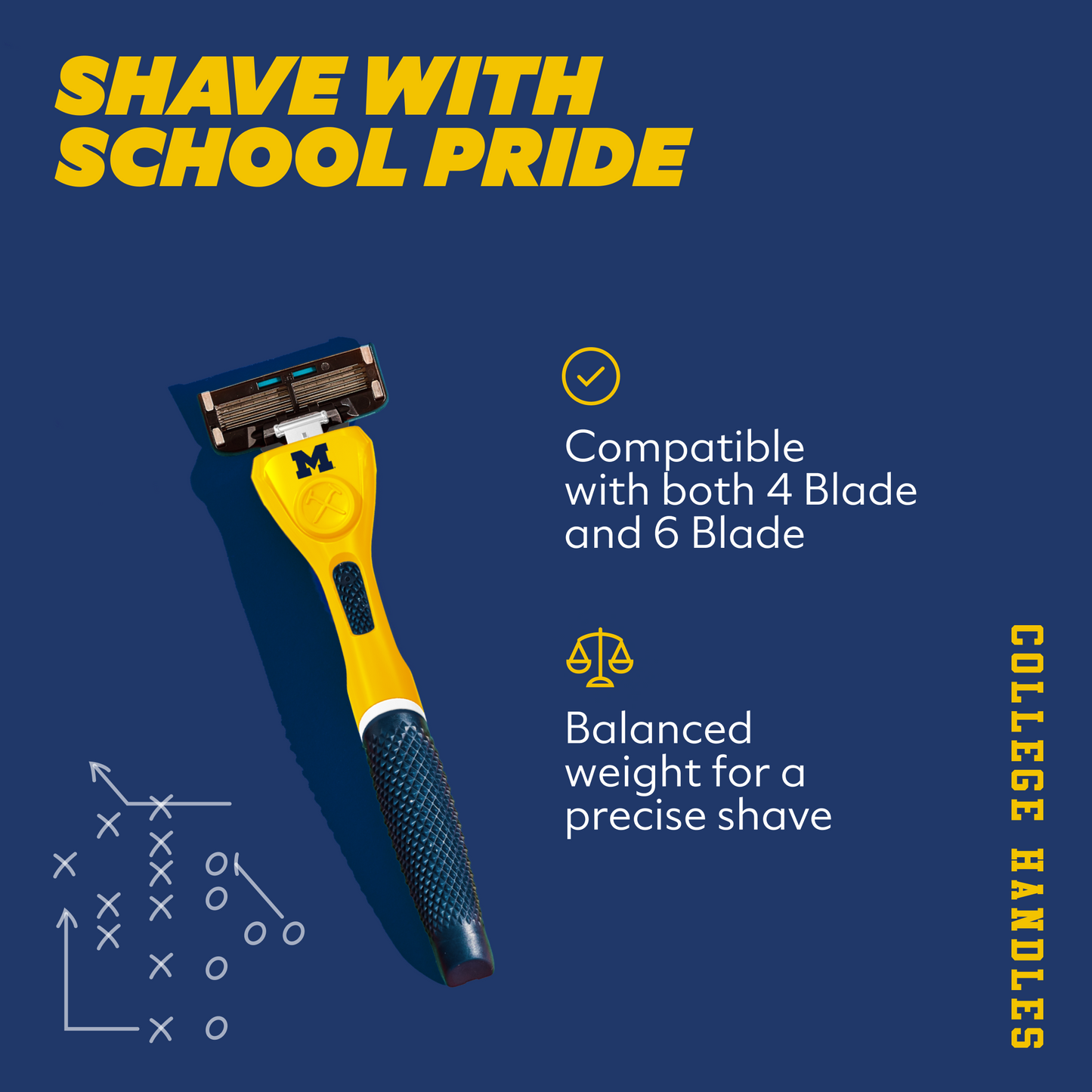Yellow and blue razor with text 'Shave with School Pride' on a blue background