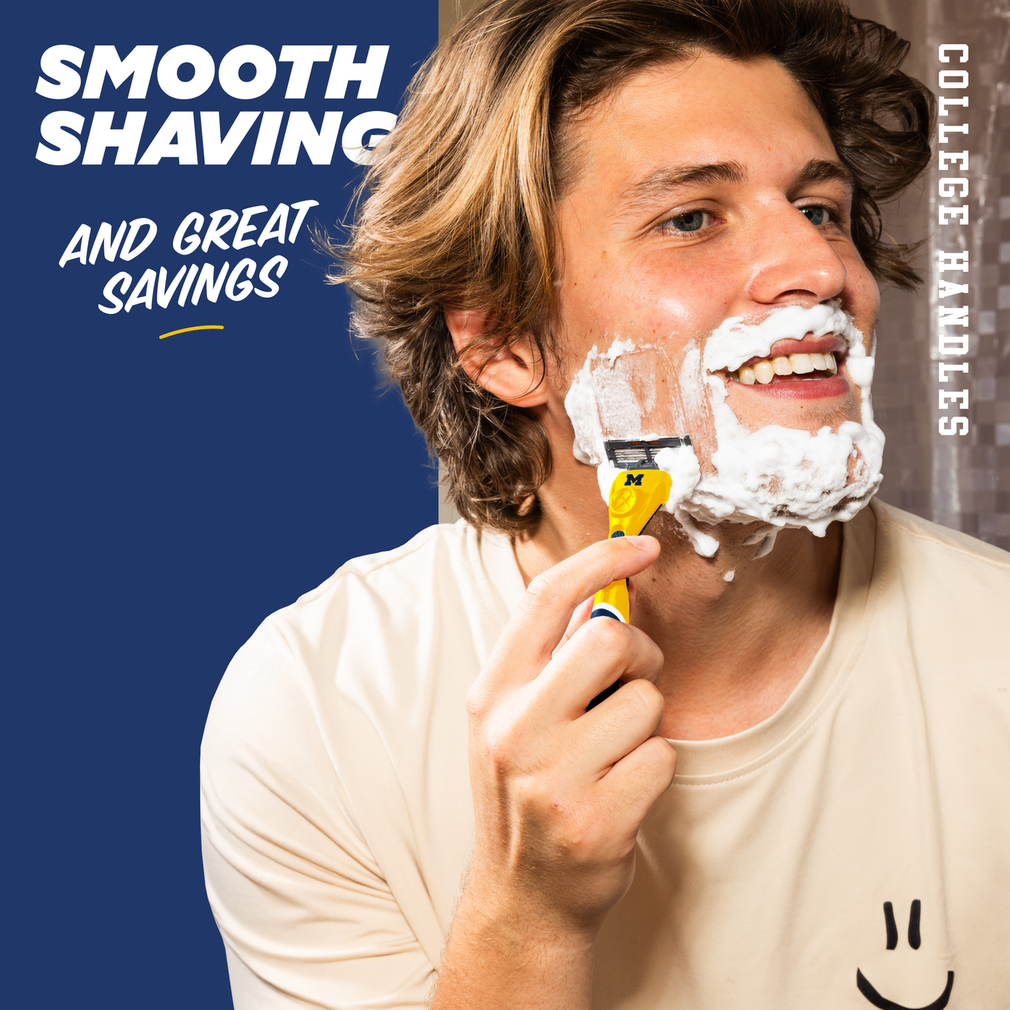 Man shaving with a yellow razor against a blue background with text about smooth shaving and savings.
