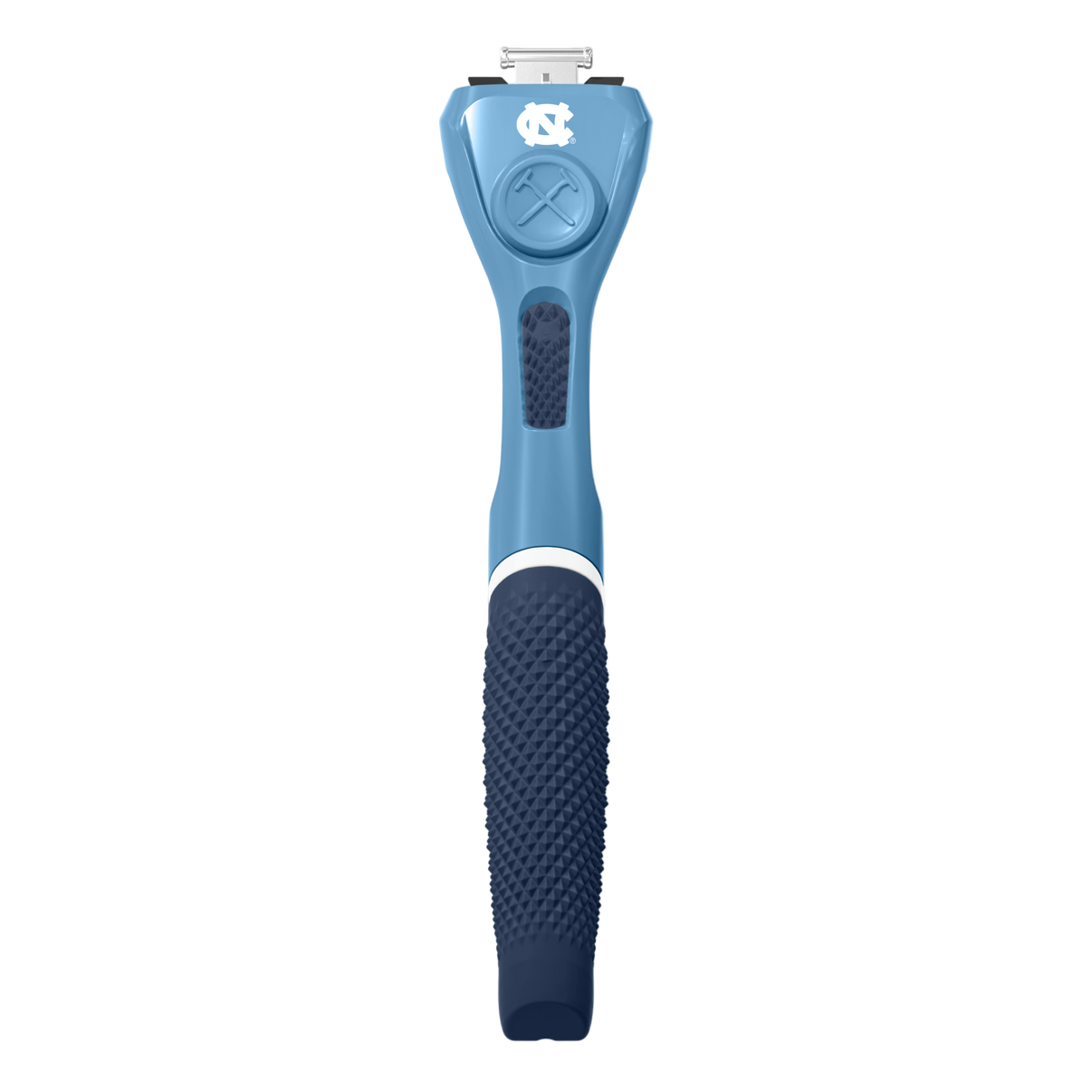 Blue grooming tool with UNC logo on a white background