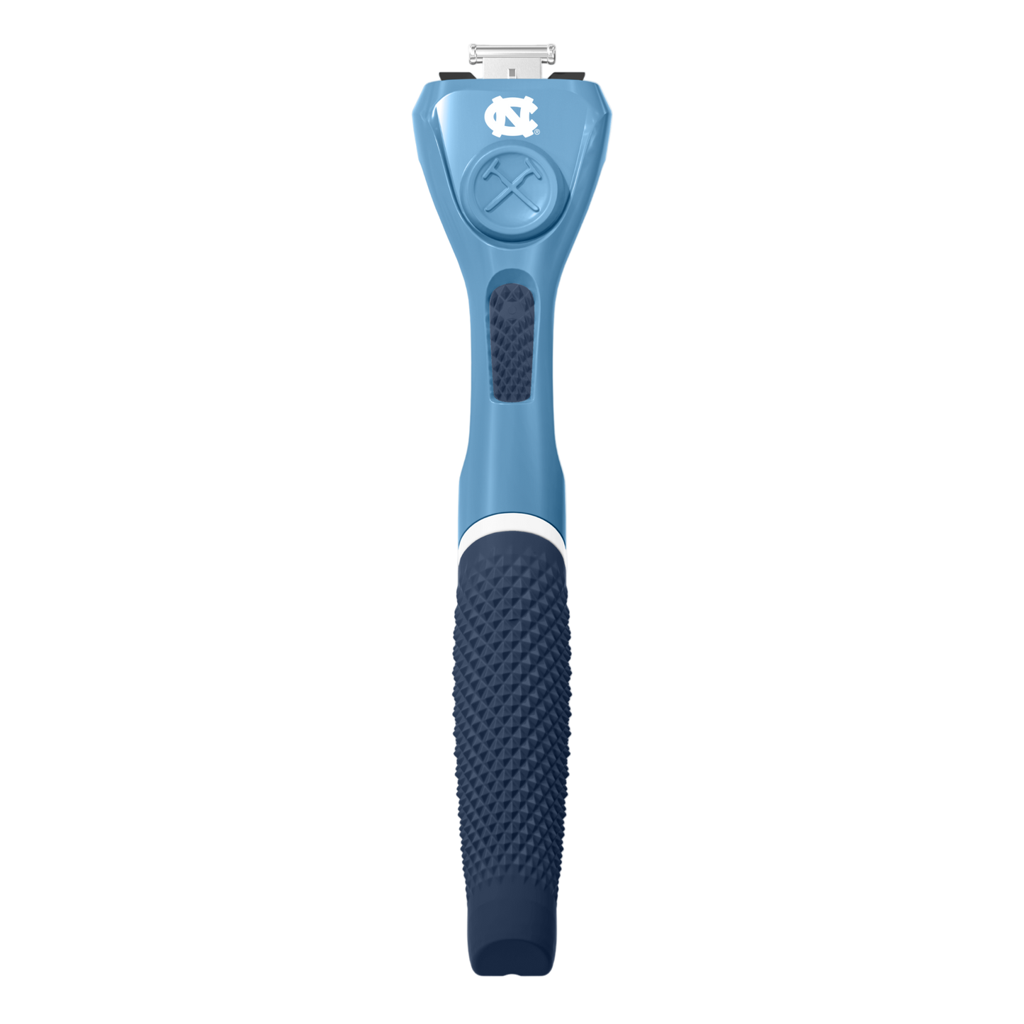 Blue grooming tool with UNC logo on a white background