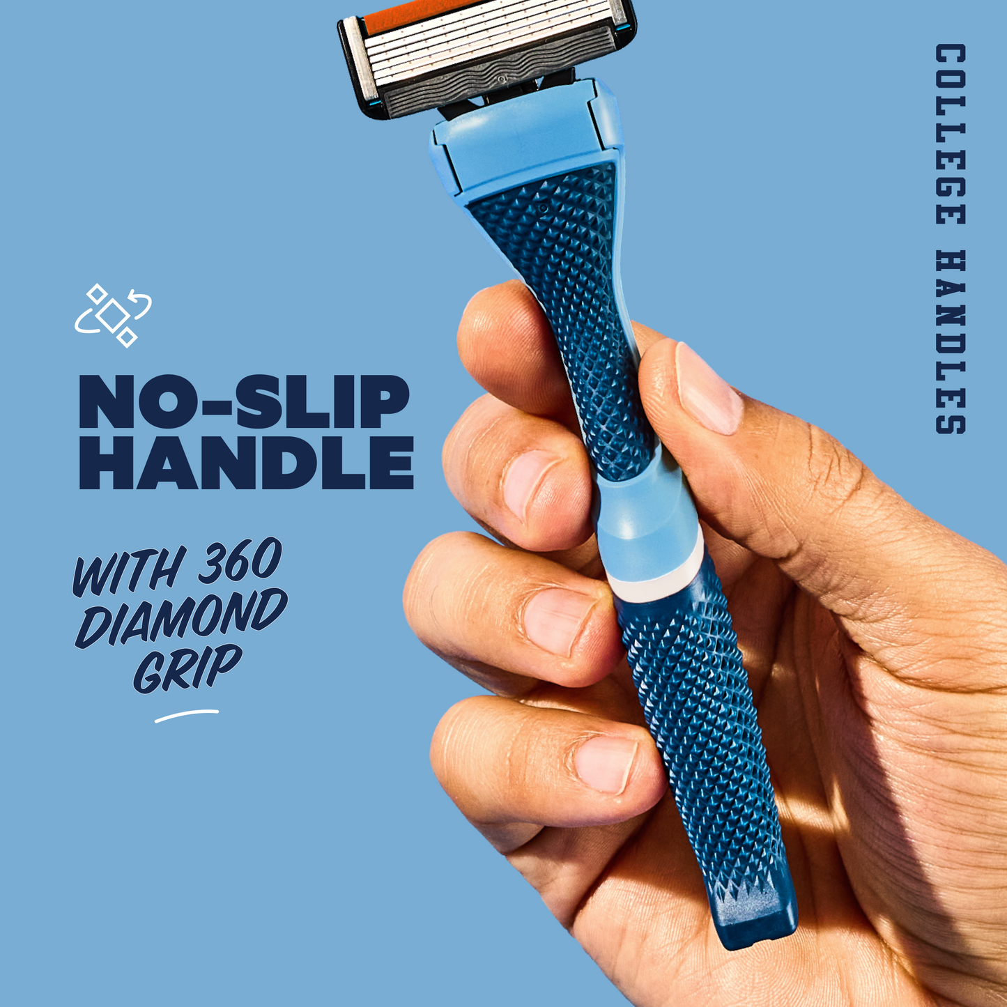 Blue razor with textured handle held in a hand against a blue background, featuring text about 'No-Slip Handle' and '360 Diamond Grip'.