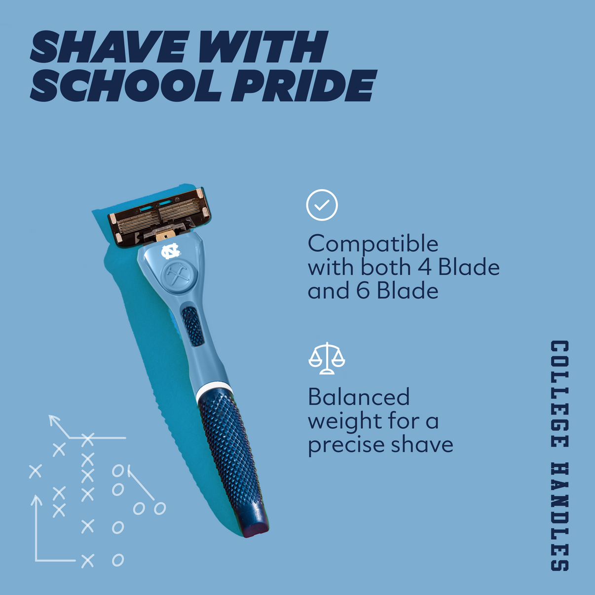UNC shaving razor with text on a blue background "shave with school pride"