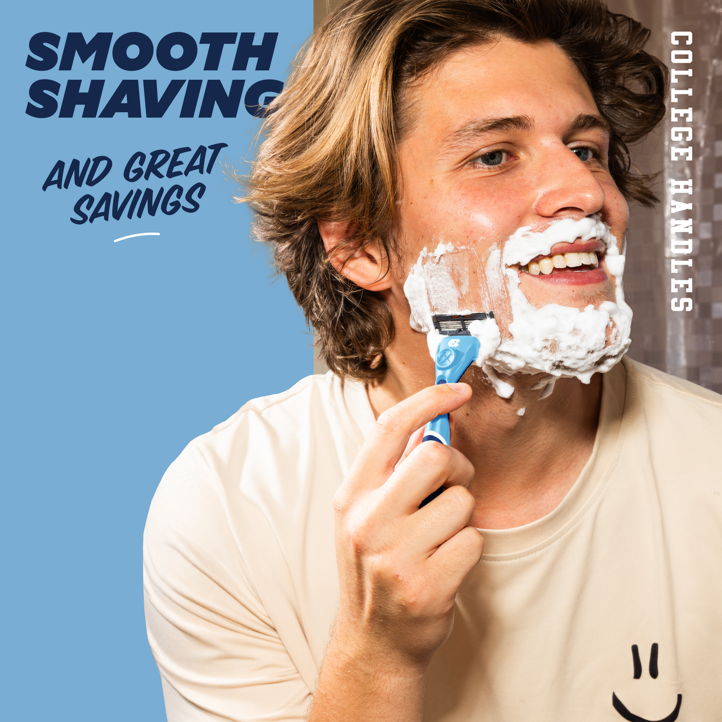 Man shaving with a blue razor against a blue background with text about smooth shaving and savings.