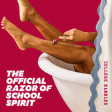Person shaving legs with a razor on a red background, promotional text for 'College Handles' razor.
