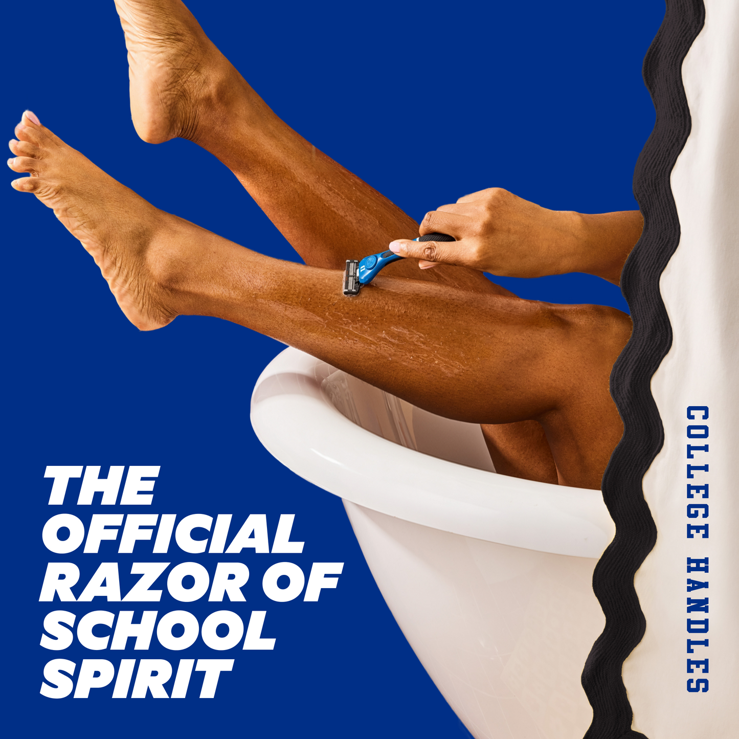 Person shaving legs with a razor against a blue background, promotional text for 'College Handles'.