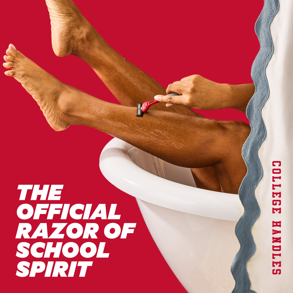 Person shaving legs with a OSU branded razor on a red background, promotional text for 'College Handles' razor.