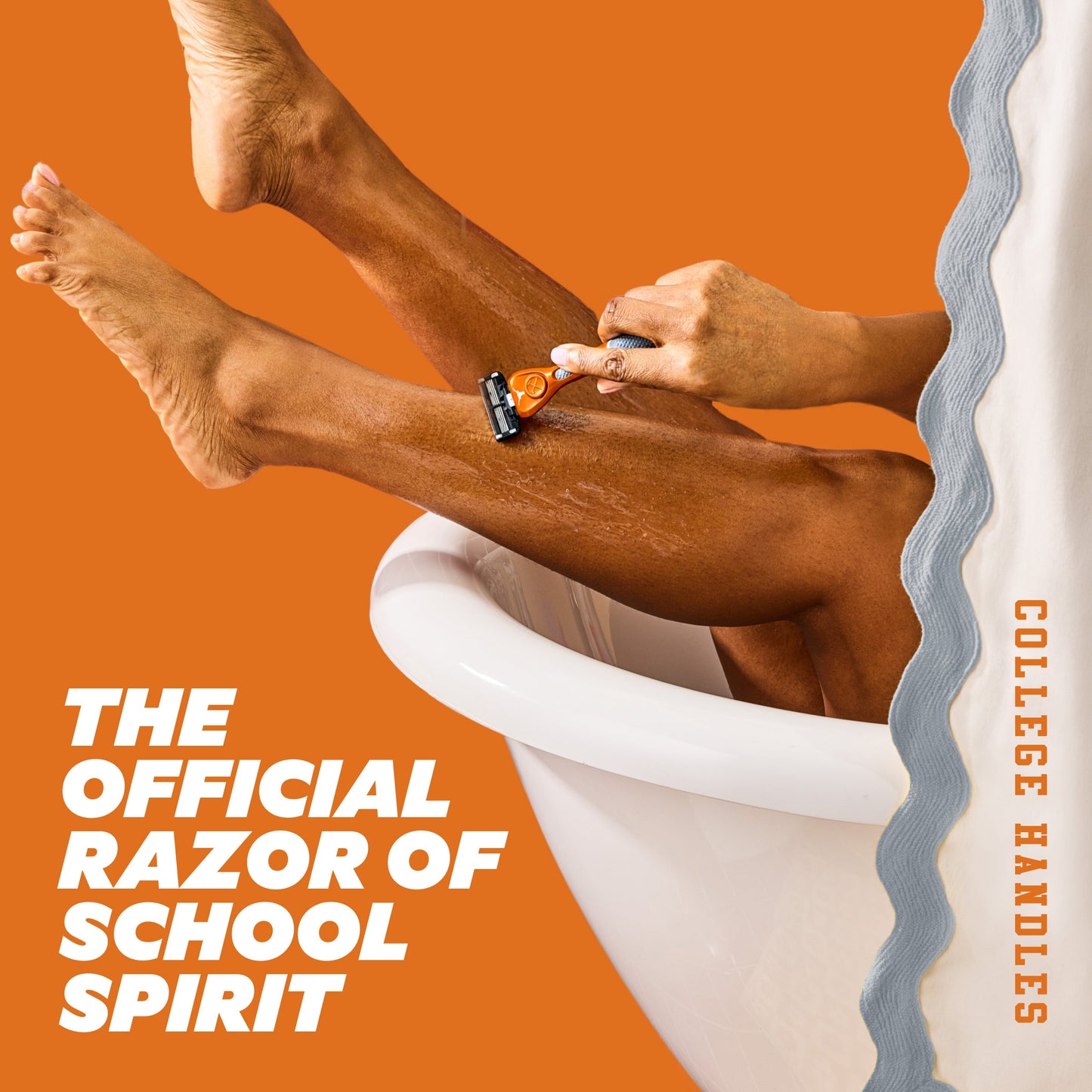 Person shaving legs with a Texas razor on an orange background, text about razor being 'Official Razor of School Spirit'.