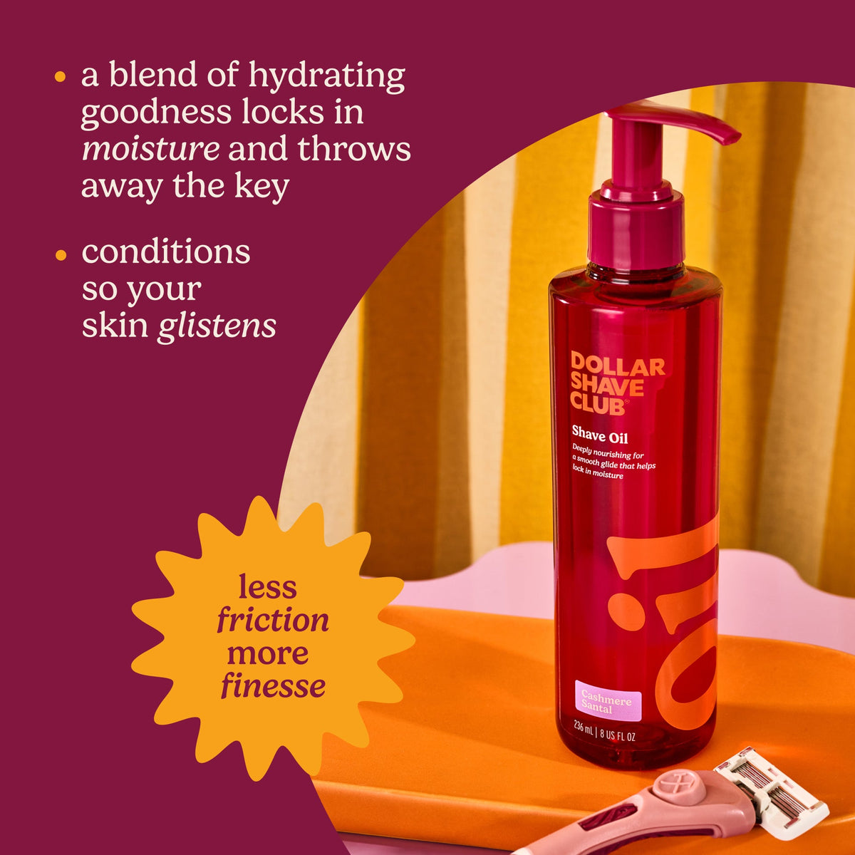 Red bottle of Dollar Shave Club shave oil with text on a purple and orange background