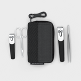 Tool kit items and carry case laid out on white background