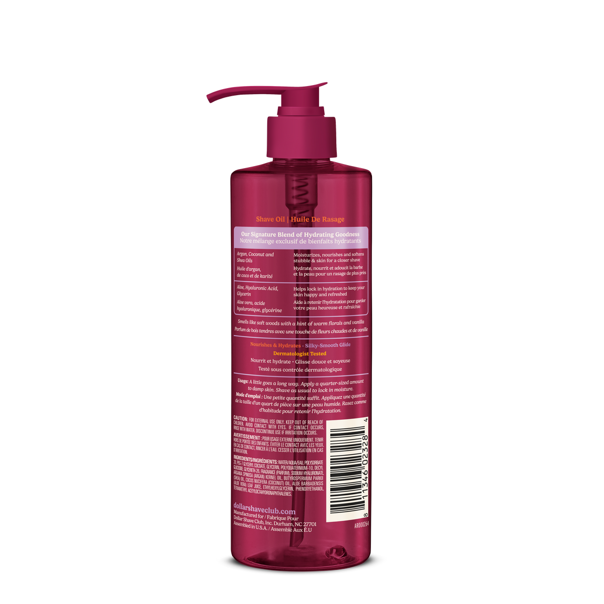 Dollar Shave Club shave oil bottle with pump on a black background, back of bottle