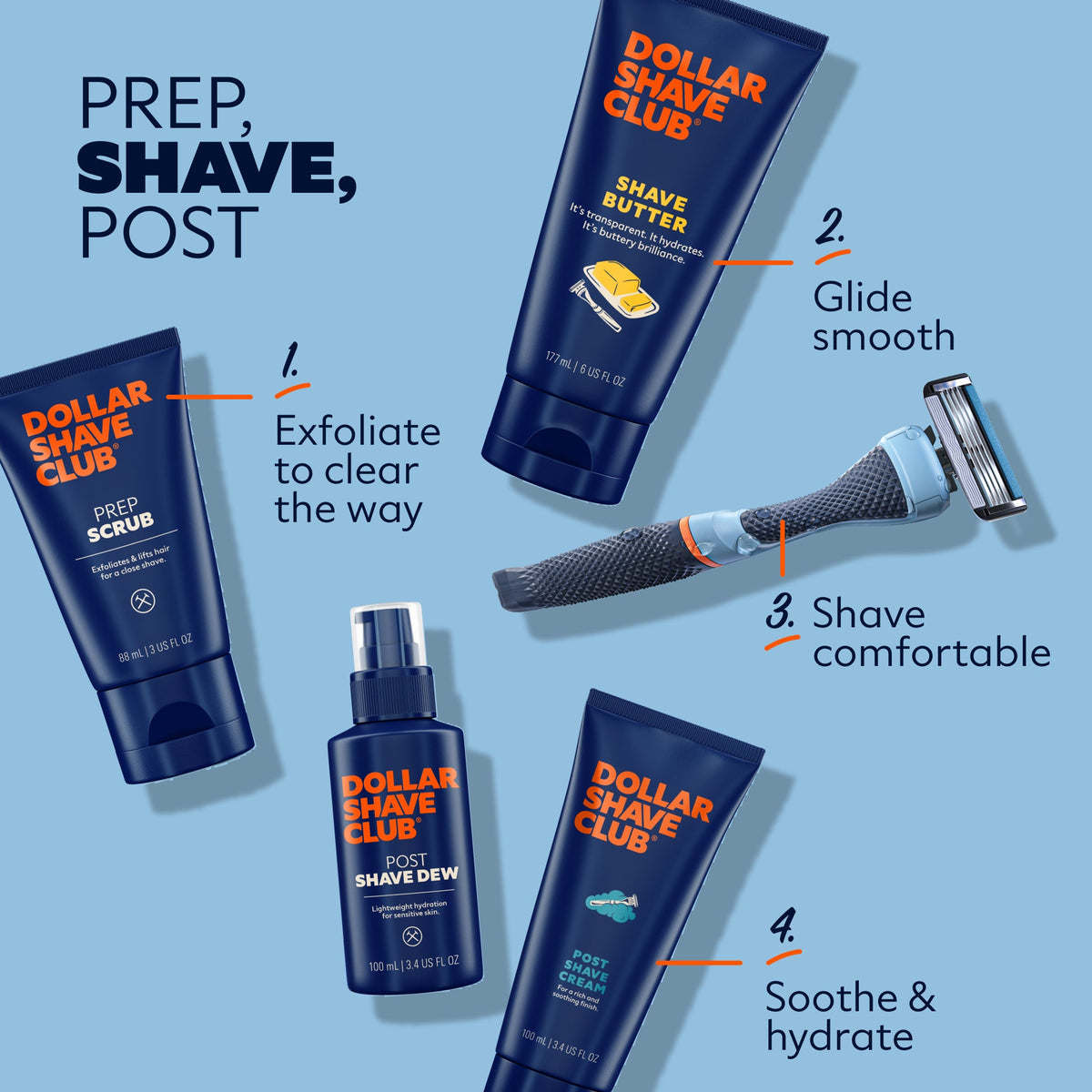 Dollar Shave Club products with shaving tools, shave butter, prep scrub, and grooming products