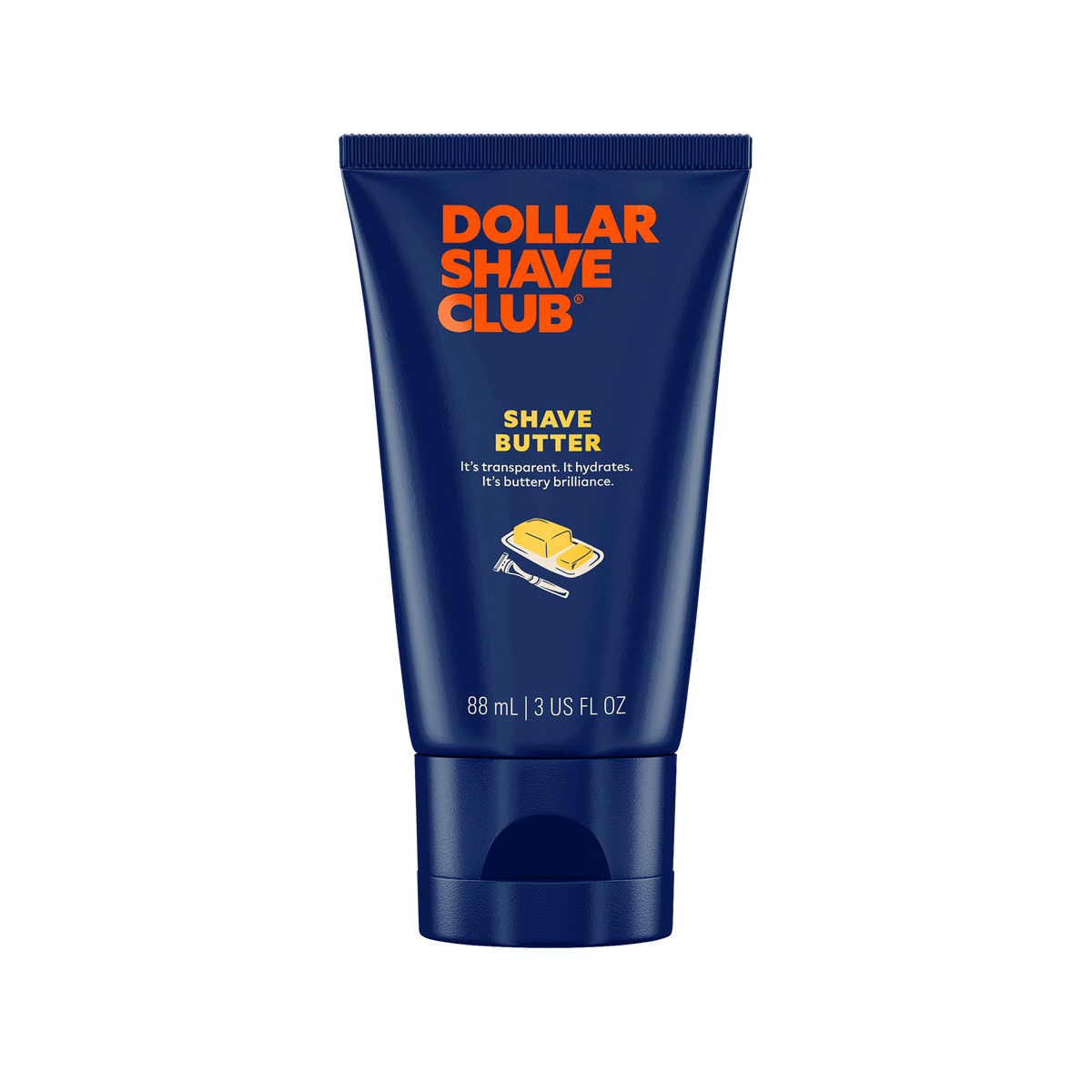 A blue tube of Dollar Shave Club Shave Butter, which is a translucent shaving cream alternative designed to help soften whiskers and enable precise navigation.