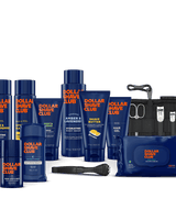 Collection of Dollar Shave Club products including bottles, a pouch, and grooming tools on a black background.
