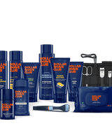 Collection of Dollar Shave Club products including bottles, a razor, and grooming items on a black background.
